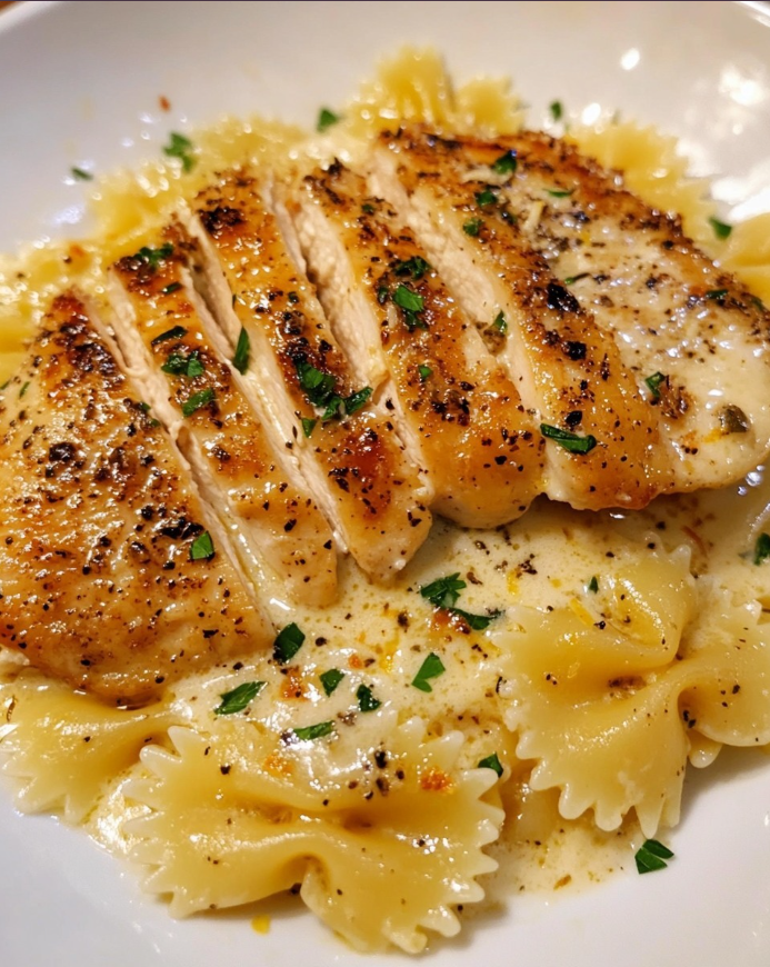 Lemon Garlic Chicken With Creamy Bowtie Pasta Eva Cook